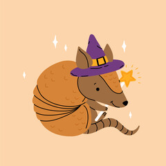 Armadillo with magic wand and witch hat. Wizard armadillo for halloween illustrations. Cute cartoon character for kids