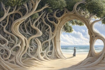 Sticker - Created with Stock technology, a tapered passageway enclosed by large roots shows a man moving towards the sea