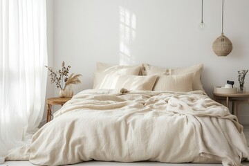 Wall Mural - A serene bedroom featuring soft beige bedding and minimal decor for a calming atmosphere.