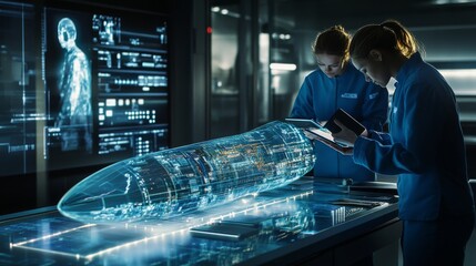 Poster - Factory Meeting Room: Engineer shows female project manager an Augmented Reality Airplane Jet Engine on tablet computer. Industry 4.0 Research and Development Test.