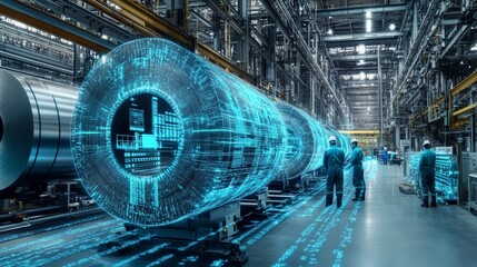 Poster - A Team of Engineers and Professionals in an Industry Manufacturing Factory Visualized with Graphics into Automated Machineries. High-Tech Industry 4.