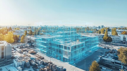 Poster - Drone footage of construction site transformed into finished project with 3D graphics effects. Visualization, digitalization of design, development of futuristic city as a futuristic city.