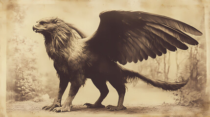 A mesmerizing mythological griffin, with the body of a lion and the wings of an eagle, captured in an antique photograph. Griffin. Illustration