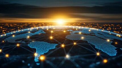 Poster - Digital Expansion of e-Commerce, e-Business Using 3D Graphics Concept: Spinning Planet Earth viewed from Space Sharing Rays of Information between Cities.