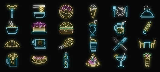 Set of colorful neon light glowing on black background food and drink icon