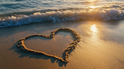 A heart drawn in the sand on a beach with waves approaching