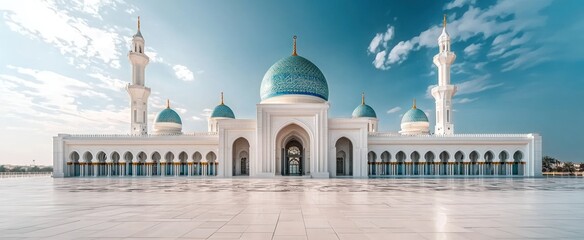 A Majestic White Mosque with Blue Domes and Minarets