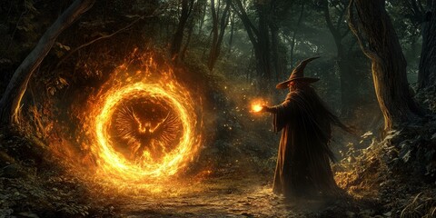 Poster - A wizard conjures fire in a dark forest.