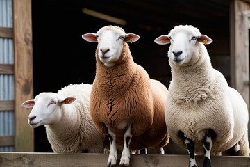 Wall Mural - Three Colorful Sheep Watching from a Rustic Farm Background