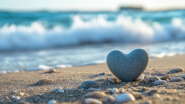 A heart-shaped on a sandy beach with waves in the background