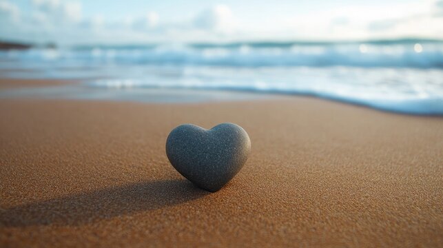 A heart-shaped on a sandy beach with waves in the background