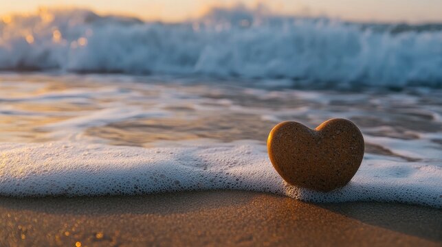 A heart-shaped on a sandy beach with waves in the background