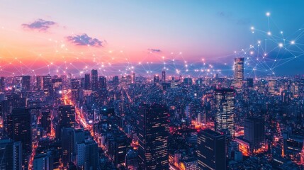 Poster - The concept of wireless network technology with generative AI and a cityscape concept in a contemporary city with wireless network connectivity.