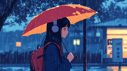 Girl Listening music, Rain Falling, minimalist Anime, Lofi, anime rain umbrella
