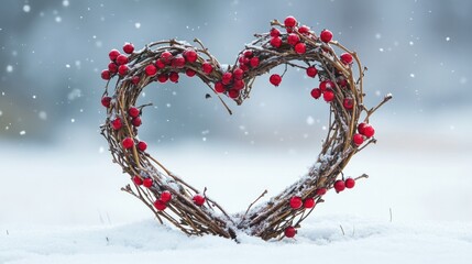 a heart-shaped wreath made of twigs and berries on a snowy day