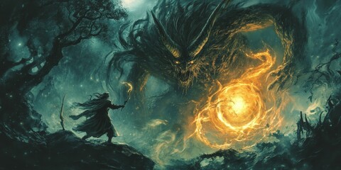 Wall Mural - A hooded figure confronts a fiery monster.