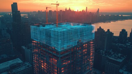 Poster - VFX Concept: Building Construction Site Becomes Finished Project with 3D Graphics Effects On Image. Visualization, Digitalization of Design, City Development.