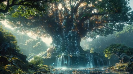 A large tree with a waterfall in front of it