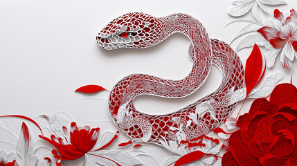 abstract style art of a snake in between flowers, white background, year of snake, Chinese new year