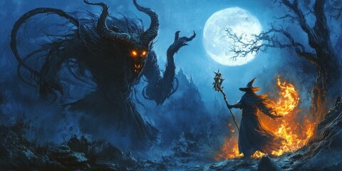 Wall Mural - A dark, horned beast faces a wizard with a staff,