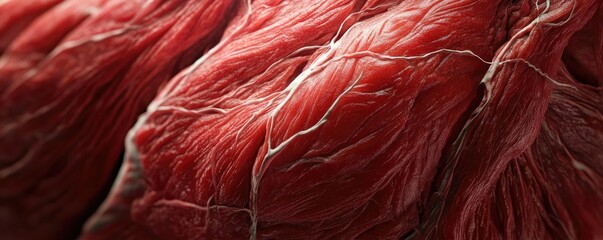 Close-up view of muscle tissue showcasing intricate fibers and textures in rich red tones, highlighting biological detail.