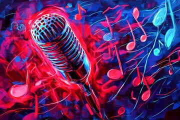 Wall Mural - There are plenty of sparkling lights mixed with blue and purple light around a modern microphone.