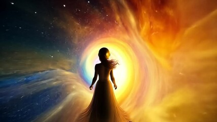Poster - Girl Stands Before a Colorful Portal in a Cosmic Landscape at Night Generative AI