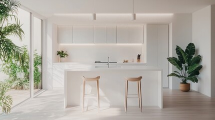 Canvas Print - Minimalist White Kitchen with Two Bar Stools and Greenery