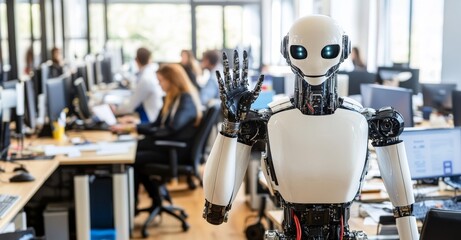 Poster - This is a picture of a modern robot walking down a long aisle in the middle of an office building. People behind him are clapping and happy about the outcome. An improved cyborg poses for the camera.