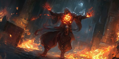 Poster - Fiery figure stands amidst flames and ruins.