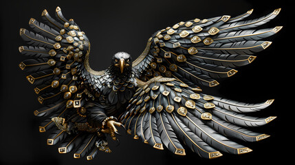 Luxurious eagle with an open tail, full face, jewelry