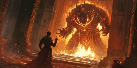 Poster - Man confronts fiery monster in ancient ruins.