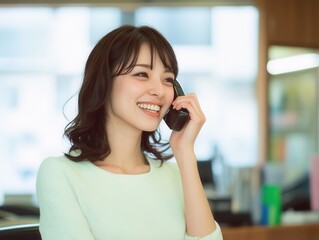 A cheerful woman talking on the phone in a modern office, showcasing professional communication and positive energy.