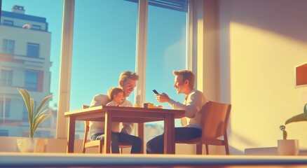 A young boy and his father are seated in front of the table and playing together on pc tablets in a modern loft. Horizontal, blurred background. The sun is shining through the window.