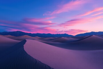 Wall Mural - A serene desert landscape at sunset with colorful skies and rolling sand dunes.