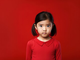 Red background sad Asian child Portrait of young beautiful in a bad mood child Isolated on Background, depression anxiety fear burn out health 