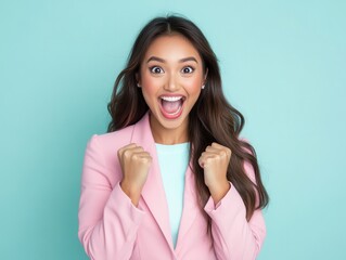 A joyful woman in a pink suit expressing excitement and happiness against a soft teal background.