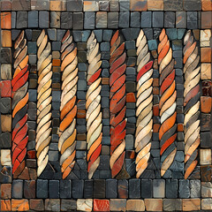 Mosaic artistic image of narrow border of eagle feathers and tiger lilie