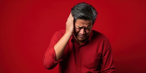 Red background sad Asian man. Portrait of older mid-aged person beautiful bad mood expression boy Isolated on Background depression anxiety fear 