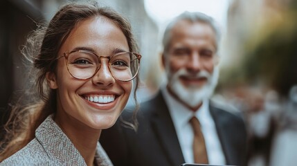 A young woman with glasses beams joyfully while standing next to an older man in professional attire on a city street