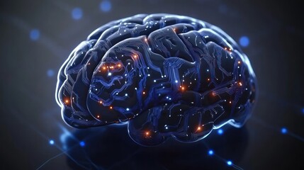 Poster - A glowing brain with intricate circuitry shines against a dark backdrop, symbolizing advanced technology