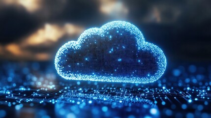 Poster - A glowing cloud symbol made of particles hovers above a circuit board as night falls, representing digital data storage