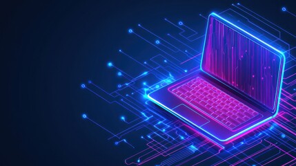 Fototapete - A glowing laptop emits vibrant circuit patterns, highlighting the intersection of technology and modern design elements