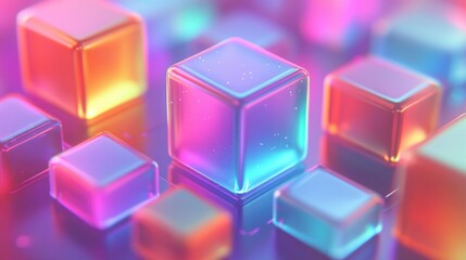 Poster - Translucent cubes of various sizes glow in a spectrum of colors, creating a captivating visual effect with reflections