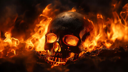 A skull in a bed of fire, Scene is eerie and spooky