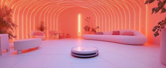 Sticker - Pink Room with a Robot Vacuum Cleaner and Neon Lights