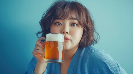 A young woman enjoying a refreshing beer with a playful expression against a vibrant background.