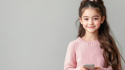 A cheerful girl stands holding her smartphone, radiating happiness in a soft sweater indoors