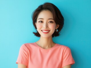 Bright and cheerful portrait of a young woman smiling against a vibrant blue background, wearing casual clothing and earrings.