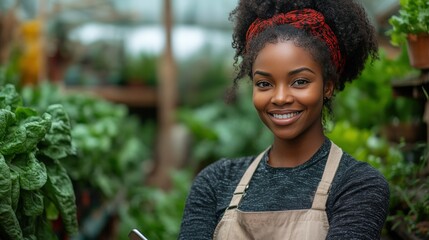 A young woman with a warm smile stands in a greenhouse, surrounded by lush greenery, her confidence radiating.